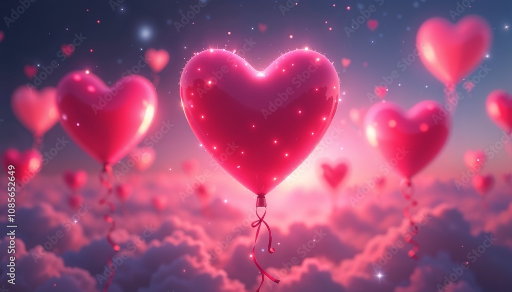 Sparkling heart-shaped balloons floating in magical pink clouds