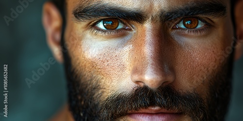 A Close-Up Portrait of a Man With Striking Brown Eyes and a Dark Beard, Showcasing Intense Expression and Unique Facial Features Against a Blurred Background