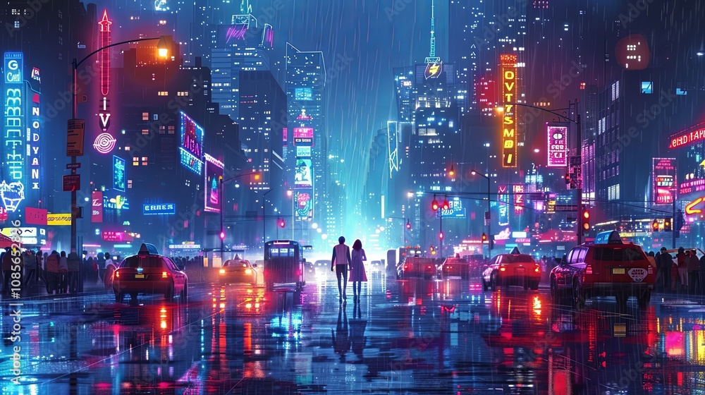 In the heart of a bustling city, neon lights flicker, and the streets are alive with movement. A young couple walks hand-in-hand down a vibrant street lined with food trucks, street performers, and ou In the heart of a bustling city, neon lights flicker, and the streets are alive with movement. A young couple walks hand-in-hand down a vibrant street lined with food trucks, street performers, and ou