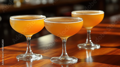 Refreshing cocktails in elegant glasses on wooden table, perfect for celebrations or gatherings. vibrant orange color adds cheerful touch to any occasion