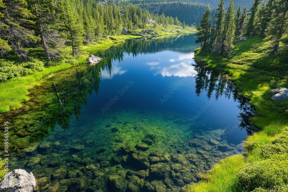 Majestic green landscape with a dense forest and a mirror-like lake under a radiant sunbeam. Beautiful simple AI generated image Majestic green landscape with a dense forest and a mirror-like lake under a radiant sunbeam. Beautiful simple AI generated image