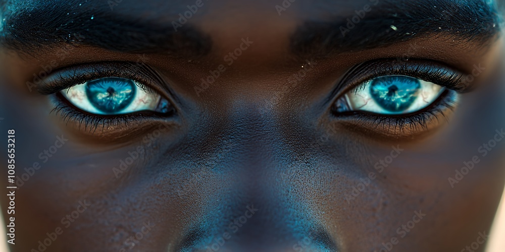 Close-up of a Person's Striking Blue Eyes Against Dark Skin, Showcasing Unique Features and Expression in Natural Light During the Day Close-up of a Person's Striking Blue Eyes Against Dark Skin, Showcasing Unique Features and Expression in Natural Light During the Day