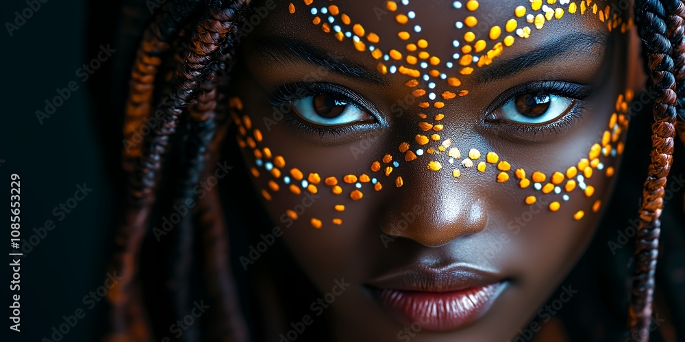 A Young Woman Poses With Intricate Face Paint, Featuring Vibrant Orange Dots on Her Forehead and Cheeks, Showcasing Artistic Expression and Cultural Heritage in a Dark Setting A Young Woman Poses With Intricate Face Paint, Featuring Vibrant Orange Dots on Her Forehead and Cheeks, Showcasing Artistic Expression and Cultural Heritage in a Dark Setting