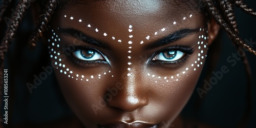 A Close-Up Portrait of a Woman With Intricate Face Paint and Braided Hair Showcasing Cultural Beauty and Expression in a Striking, Direct Gaze Against a Dark Background