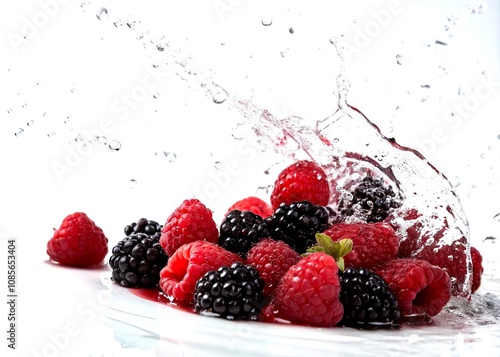 Captivating Low Light Splash of Blackberries and Raspberries Isolated on White Background with Abstract Water Effect for Fresh Fruit Photography