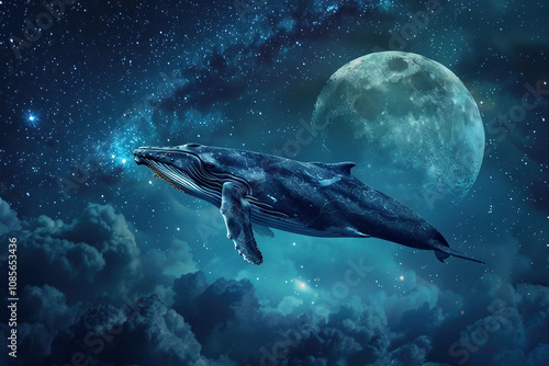 Fantastically beautiful majestic huge whale in blue ocean