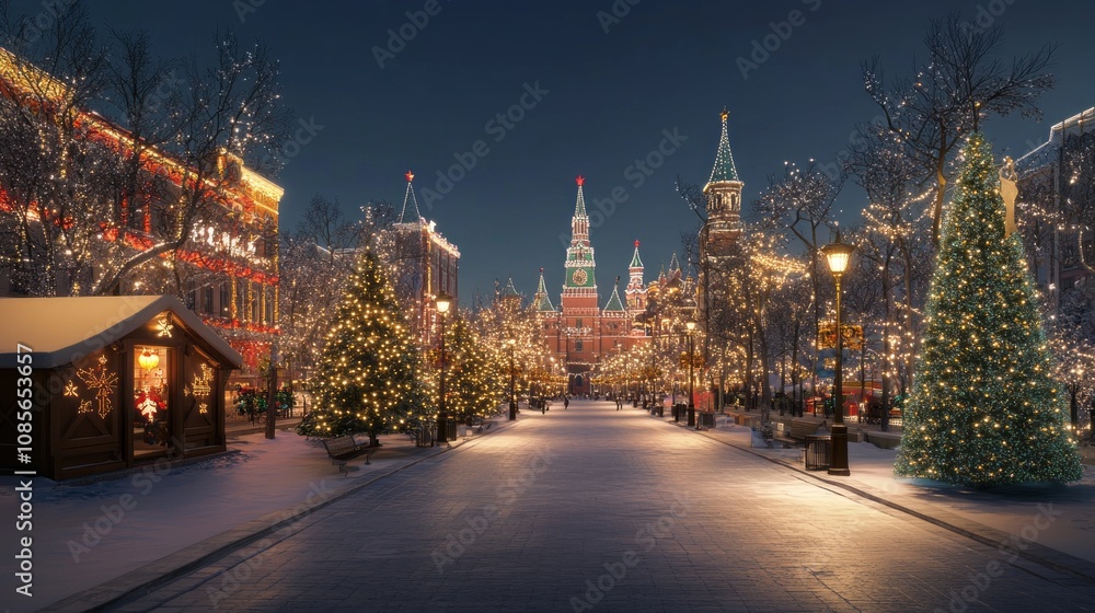 A city street is lit up with Christmas lights and decorated with trees A city street is lit up with Christmas lights and decorated with trees