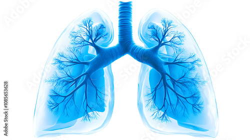 Fototapeta Naklejka Na Ścianę i Meble -  Detailed 3D illustration of human lungs showcasing the bronchial tree structure and respiratory system anatomy in vibrant blue tones.
