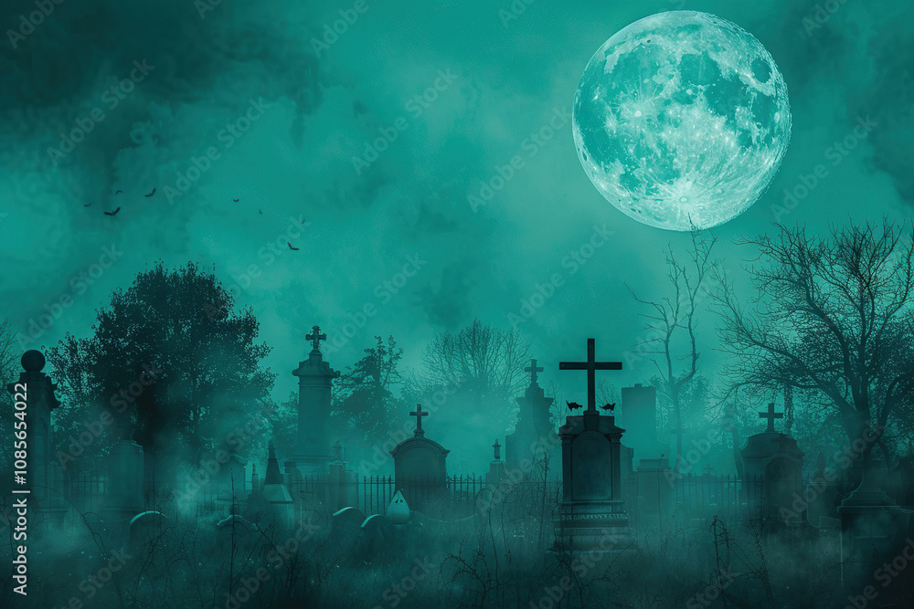 Fantastically mysterious cemetery with tombstones and scary atmosphere Fantastically mysterious cemetery with tombstones and scary atmosphere