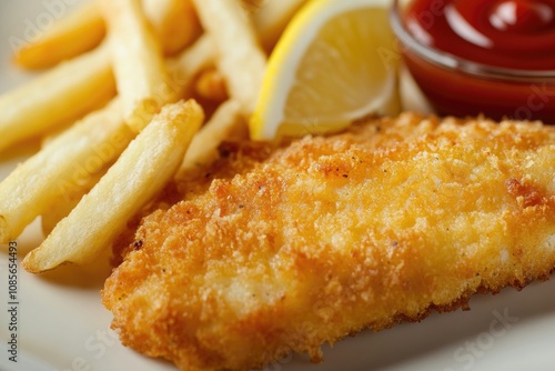 Chicken fillet with French fries, lemon, and ketchup on a white plate.