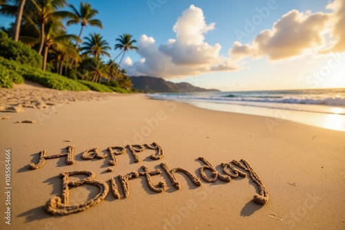 Fototapeta Naklejka Na Ścianę i Meble -  Happy birthday message written in sand on tropical beach at sunset with waves and palm trees.