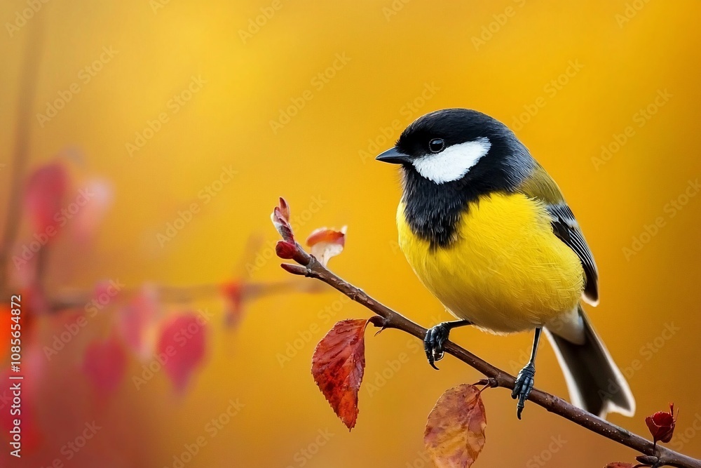 Fototapeta premium Vibrant Bird Perched on a Branch Amidst Autumn Colors