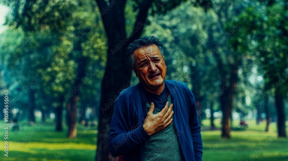 senior man felt severe pain in the heart area while walking and doing sports, standing in the park and holding his chest with his hands. senior man felt severe pain in the heart area while walking and doing sports, standing in the park and holding his chest with his hands.