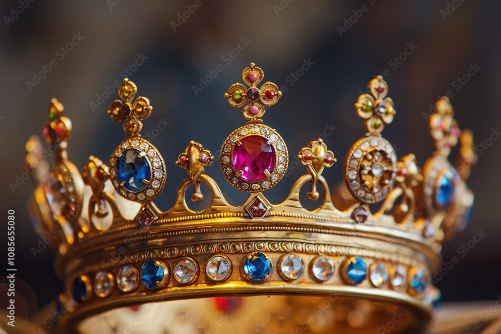 Fototapeta premium Fantastic beautiful king or queen crown from gold material for coronation