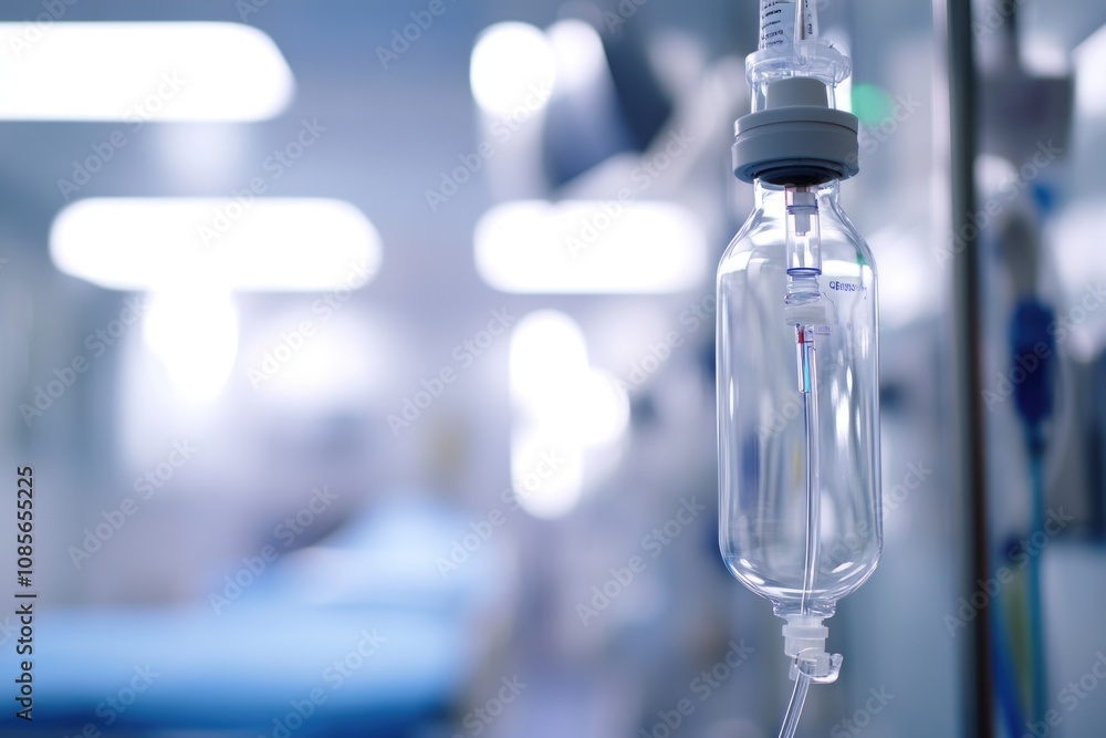 IV bag and clear tube hanging on a medical bed in a hospital. IV bag and clear tube hanging on a medical bed in a hospital.
