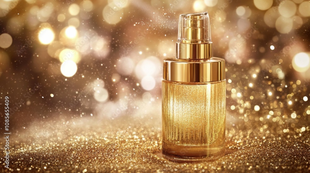 Golden perfume bottle with spray nozzle on wooden surface surrounded by sparkling gold glitter particles, creating luxurious mood. Golden perfume bottle with spray nozzle on wooden surface surrounded by sparkling gold glitter particles, creating luxurious mood.