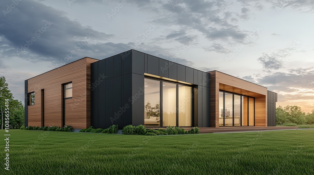 Home sustainability, Recycling, Environmental. A modern, minimalist house featuring a sleek design with large windows, surrounded by greenery and a tranquil sky. Home sustainability, Recycling, Environmental. A modern, minimalist house featuring a sleek design with large windows, surrounded by greenery and a tranquil sky.