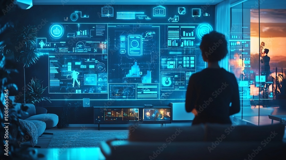 AI Powered Virtual Assistant Managing Futuristic Smart Home with Holographic Dashboards AI Powered Virtual Assistant Managing Futuristic Smart Home with Holographic Dashboards