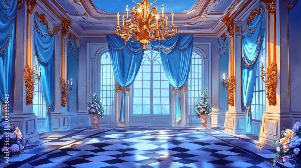 Obraz premium Luxurious room with grand chandelier, intricate designs, light blue walls, checkered tiles, gold accents, and elegant decorations in blue-gold palette.