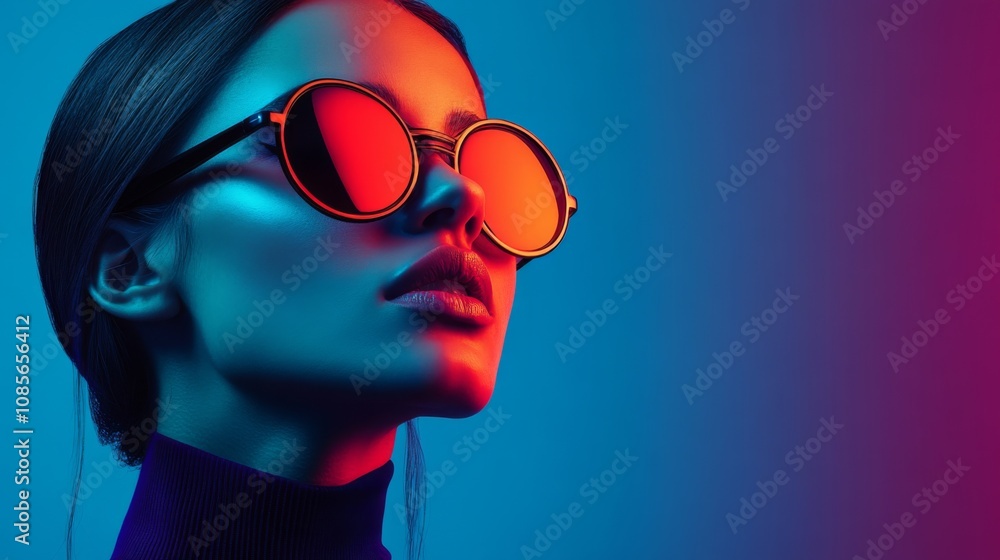 Stylish woman with reflective glasses in vibrant blue lighting Stylish woman with reflective glasses in vibrant blue lighting
