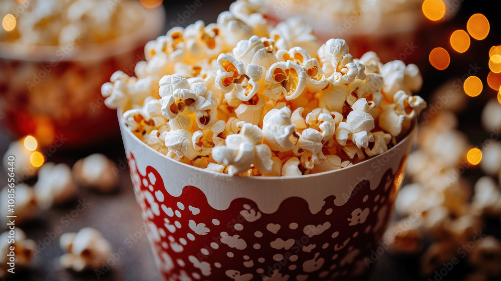 Delicious popcorn in red and white cardboard box, perfect for cinema nights. warm, inviting colors and festive atmosphere create joyful experience Delicious popcorn in red and white cardboard box, perfect for cinema nights. warm, inviting colors and festive atmosphere create joyful experience