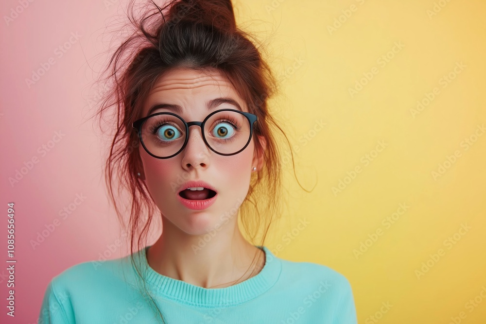 A young woman with glasses looks surprised against a vibrant pastel background, evoking curiosity or shock. A young woman with glasses looks surprised against a vibrant pastel background, evoking curiosity or shock.