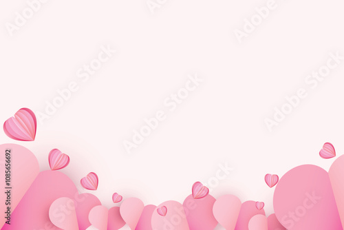 Paper cut elements in shape of heart on rectangular frame has free space.and pink sweet background. Vector symbols of love for Happy Valentines Day, birthday greeting card design.