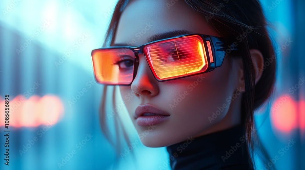 Stylish woman in bold glasses with vibrant neon lighting Stylish woman in bold glasses with vibrant neon lighting