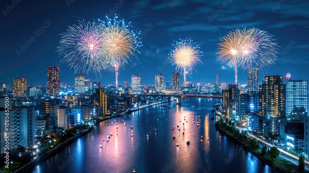 Fireworks night view of a modern city with skyscrapers and buildings along the waterway. Fireworks night view of a modern city with skyscrapers and buildings along the waterway.