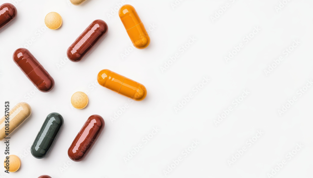 visually appealing array of colorful capsules and tablets on white background, showcasing various shapes and sizes of personalized medicine. Healthcare Advancements concept visually appealing array of colorful capsules and tablets on white background, showcasing various shapes and sizes of personalized medicine. Healthcare Advancements concept