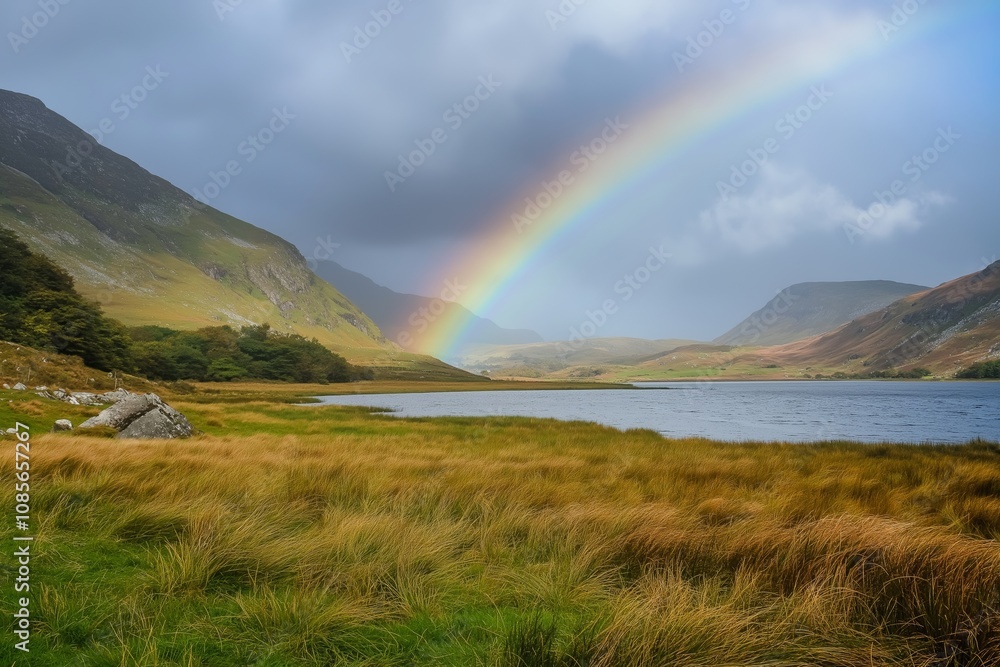 A stunning landscape view captures a majestic rainbow stretching across a lush green valley, creating a breathtaking scene. A stunning landscape view captures a majestic rainbow stretching across a lush green valley, creating a breathtaking scene.