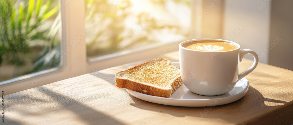 warm cup of coffee and slice of toast on rustic table, illuminated by sunlight streaming through window, creating cozy atmosphere. coffee and health concept warm cup of coffee and slice of toast on rustic table, illuminated by sunlight streaming through window, creating cozy atmosphere. coffee and health concept