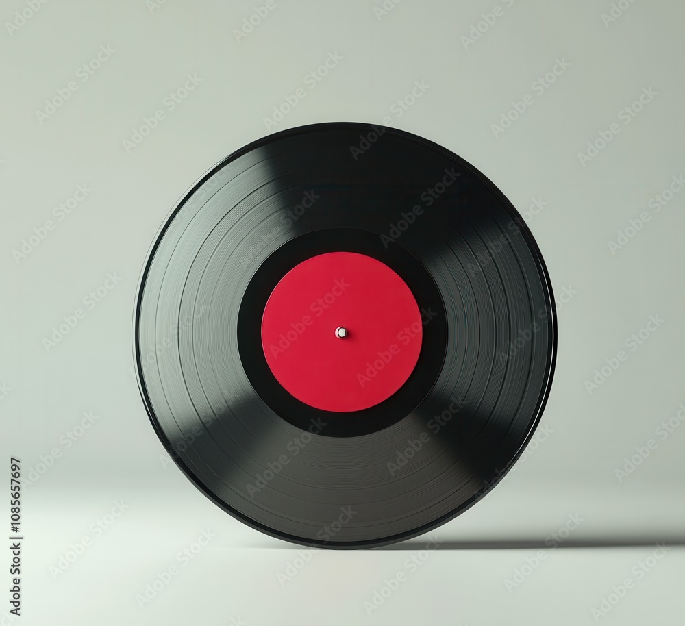 Fototapeta premium Vintage black vinyl record with a red label, isolated on a white background