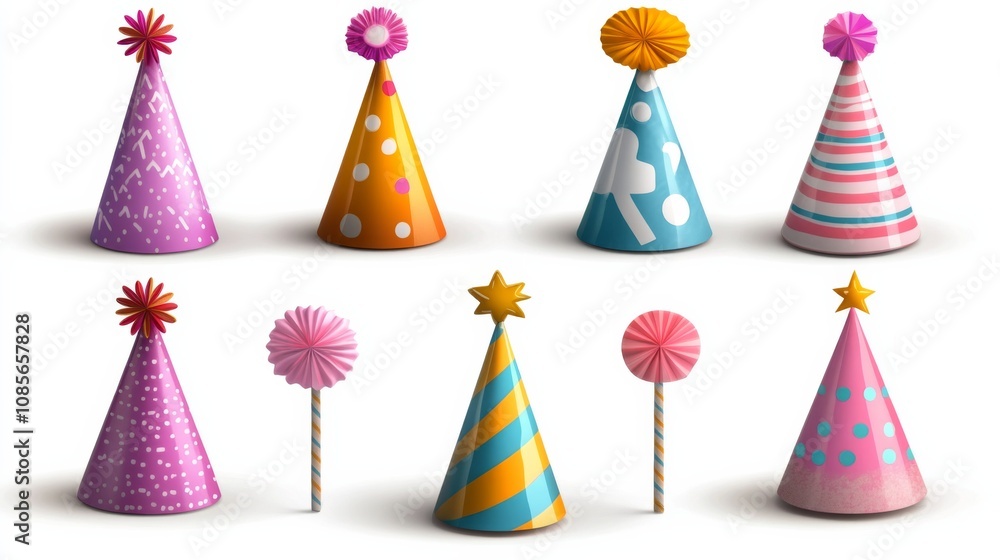 Colorful Collection of Nine Party Hats in Varied Designs Arranged in Grid Pattern Colorful Collection of Nine Party Hats in Varied Designs Arranged in Grid Pattern