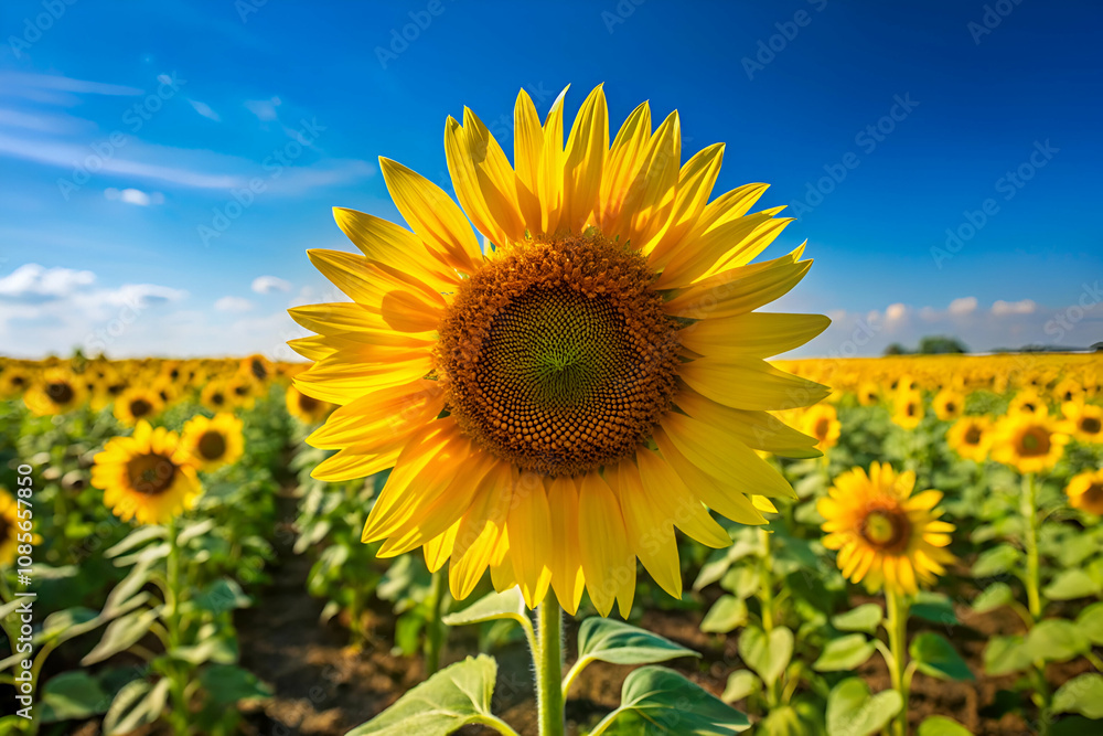 A vibrant sunflower stands tall amidst a sunny field, showcasing its bright yellow petals against a clear blue sky. A vibrant sunflower stands tall amidst a sunny field, showcasing its bright yellow petals against a clear blue sky.
