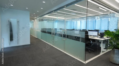 Modern office corridor with glass partitions, minimalist design, bright lighting, and a plant, creating a dynamic, professional atmosphere.