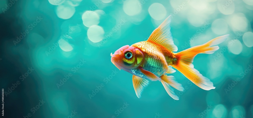 A goldfish swimming in an aquarium, isolated on a turquoise background. A goldfish swimming in an aquarium, isolated on a turquoise background.