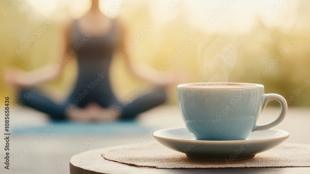steaming cup of coffee sits on table, with person meditating in background, creating serene morning atmosphere. coffee and health concept steaming cup of coffee sits on table, with person meditating in background, creating serene morning atmosphere. coffee and health concept