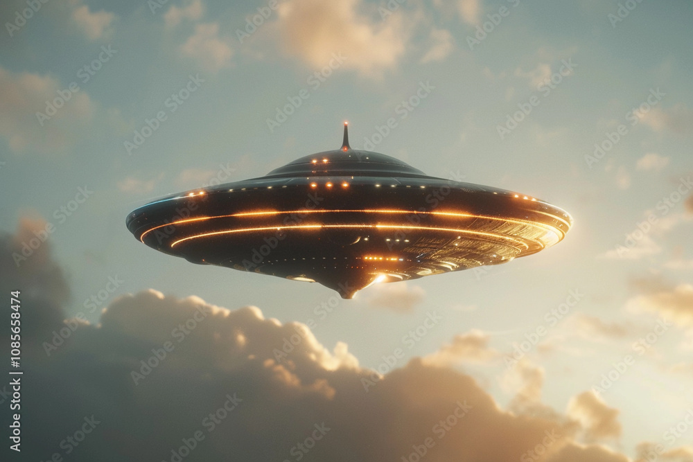 Iron oval UFO saucer hovering over beautiful landscape in dramatic sky Iron oval UFO saucer hovering over beautiful landscape in dramatic sky
