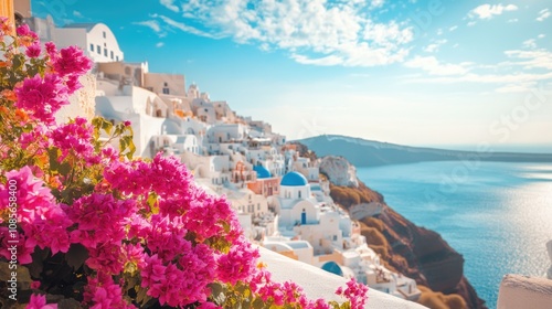 Obraz na płótnie Pink Bougainvillea Blossoms Overlooking the Aegean Sea w salonie