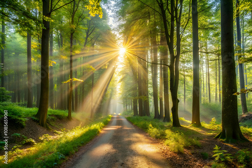 A serene forest path illuminated by sunlight filtering through tall trees, creating a peaceful and enchanting atmosphere.