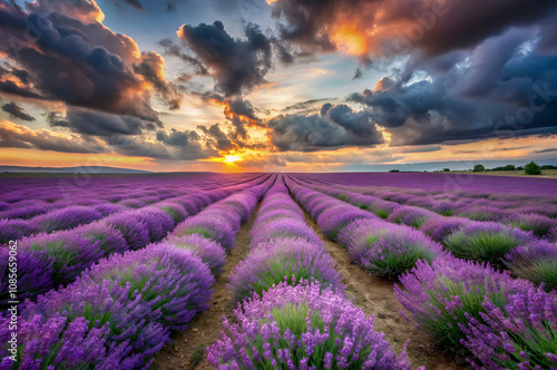 A breathtaking lavender field under a dramatic sunset, with vibrant purple blooms stretching towards the horizon, framed by colorful clouds.