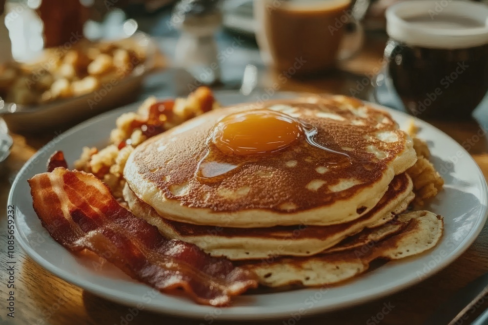 Classic Breakfast Plate with Pancakes, Bacon, and Eggs – Cozy and Inviting Classic Breakfast Plate with Pancakes, Bacon, and Eggs – Cozy and Inviting