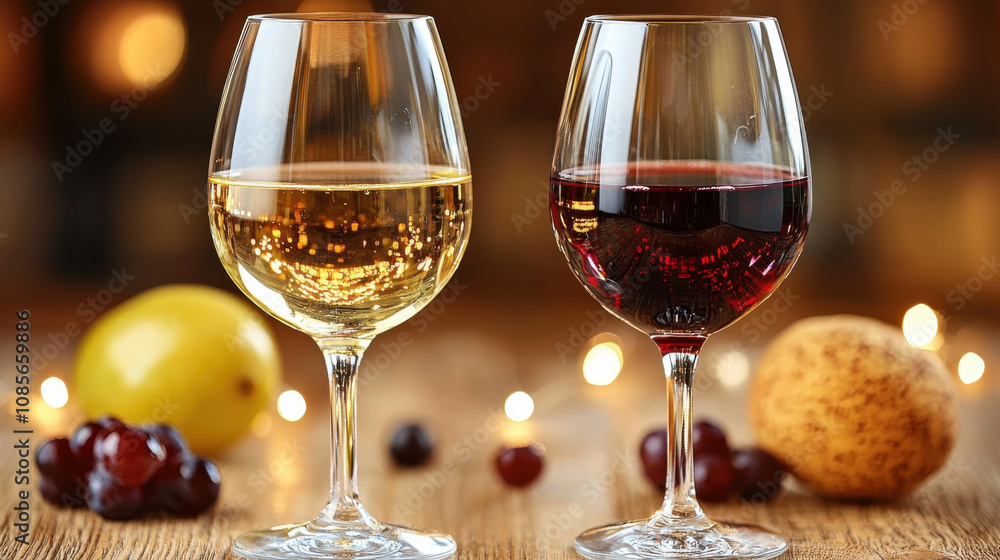 Elegant white and red wine glasses on wooden table, surrounded by fruits and soft lights, creating warm and inviting atmosphere Elegant white and red wine glasses on wooden table, surrounded by fruits and soft lights, creating warm and inviting atmosphere