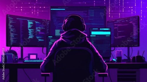 Person working at desk surrounded by computer monitors, clad in hoodie with headphones on, cluttered desk in futuristic setting. photo