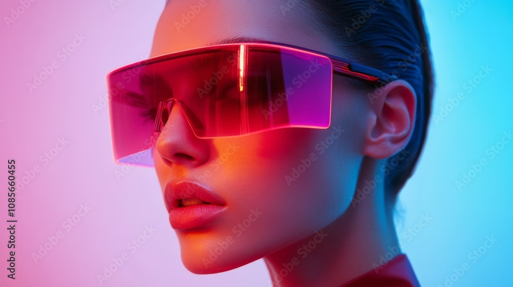 Stylish woman in reflective glasses with vibrant tones Stylish woman in reflective glasses with vibrant tones