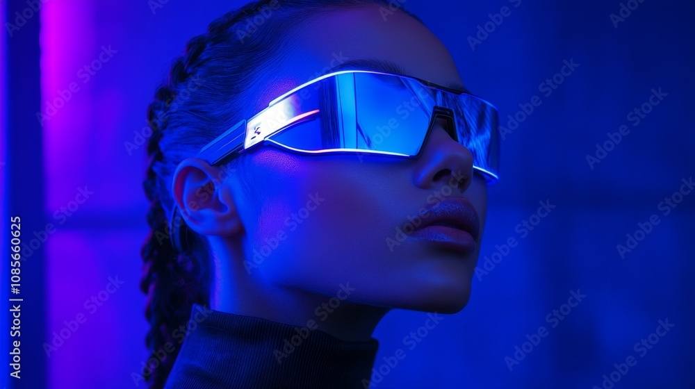 Stylish woman in bold neon purple lighting with sleek glasses Stylish woman in bold neon purple lighting with sleek glasses