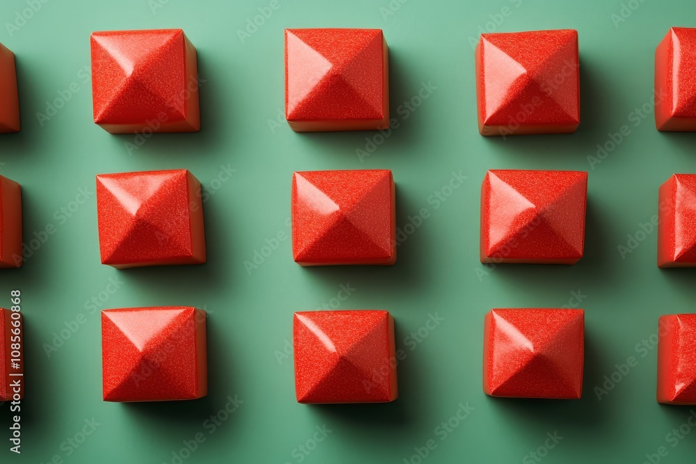 Red gift boxes arranged in symmetrical pattern on green background, flat lay, isometric view, seamless repeating design. Red gift boxes arranged in symmetrical pattern on green background, flat lay, isometric view, seamless repeating design.