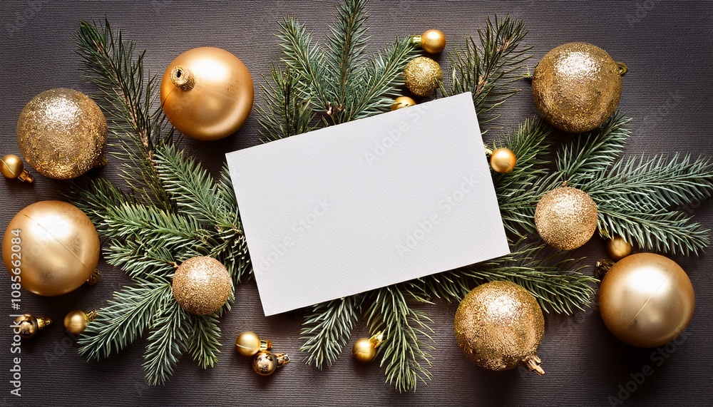 An empty postcard among the christmas decoration - golden fair-tree ornaments, flat lay top view. Background An empty postcard among the christmas decoration - golden fair-tree ornaments, flat lay top view. Background