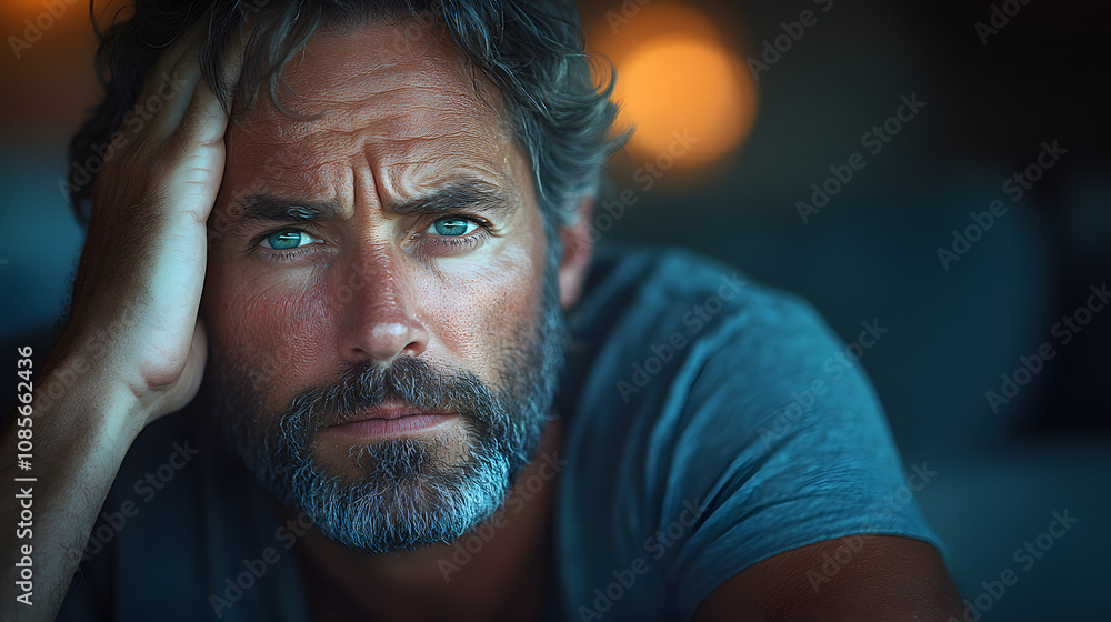 A middle-aged man sitting alone in a quiet room, holding a cup of tea, reflecting a moment of peaceful solitude and introspection, capturing the calm atmosphere of a private space, ideal for evoking f A middle-aged man sitting alone in a quiet room, holding a cup of tea, reflecting a moment of peaceful solitude and introspection, capturing the calm atmosphere of a private space, ideal for evoking f